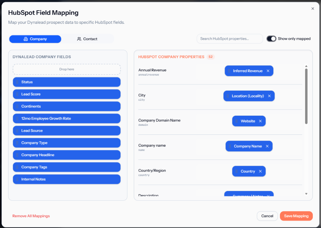 HubSpot Field Mapping Modal